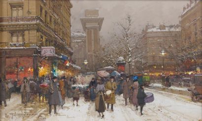 Eugène GALIEN-LALOUE (1854-1941) La porte Saint-Denis sous la neige Gouache, signée...