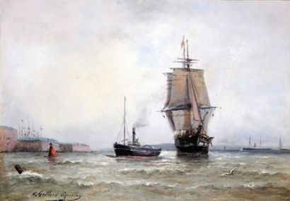 Emmanuel GALLARD-LEPINAY (1842-1885) Sortie de port au Havre Huile sur toile, signée...