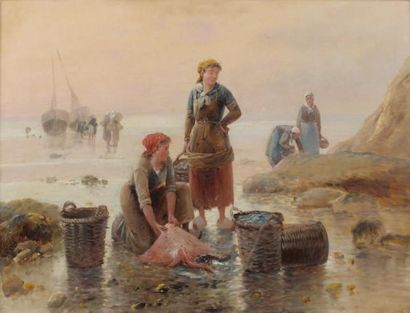 Pierre TESTU (XIXème-XIXème siècles) Retour de pêches Huile sur toile, signée en...