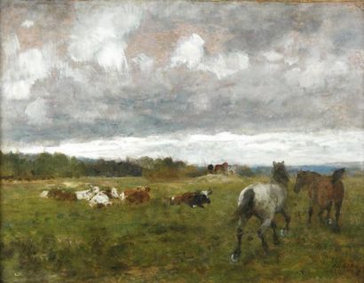 Otto de THOREN (1828-1885) Chevaux et vaches au pâturage Huile sur panneau, signée...