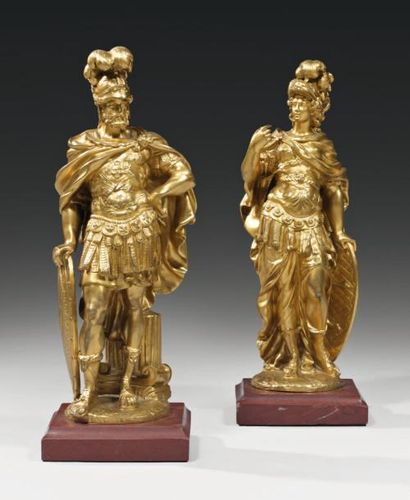 null Paire de statuettes en bronze ciselé et doré, représentant Athéna Minerve et...