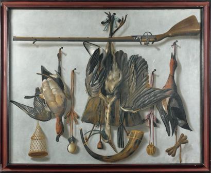 LEEMANS Johannes ? 1633 - La Haye 1688 Trophée de chasse au trompe-l'oeil Huile sur...