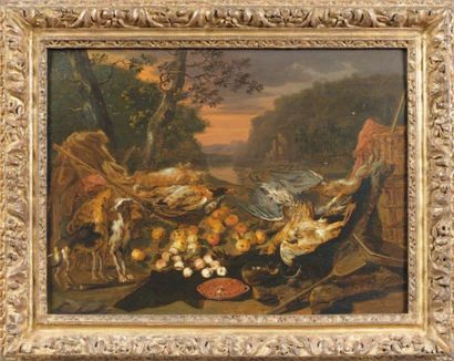 GRYEFF Adriaen Anvers 1670 - Bruxelles 1715 Trophée de chasse, fruits et chien dans...