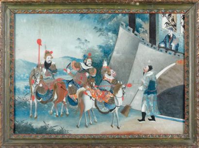 CHINE Peinture en fixé sous verre représentant des guerriers sur leur monture et...