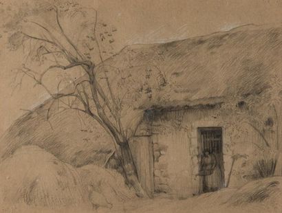 ECOLE FRANCAISE DU XIXème siècle 
Chaumière et arbres
Crayon noir
23 x 30 cm