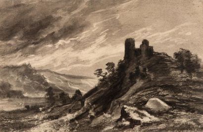 ECOLE FRANCAISE DU XIXème siècle 
Paysage avec ruines
Fusain
27 x 41,5 cm