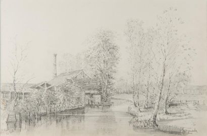 Henri LANGEROCK (1830-1915) 
Usine sur la rivière
Crayon, signé en bas à droite,...