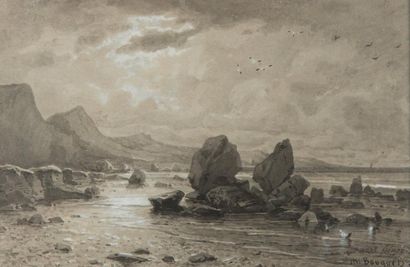 Michel Bouquet (1807-1890) 
Plage et rochers
Encre et gouache, signée en bas à droite...