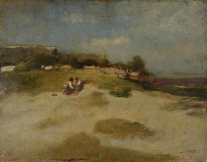 Auguste BOULARD (1825-1897) 
Jeunes enfants dans les dunes 
Huile sur panneau signée...