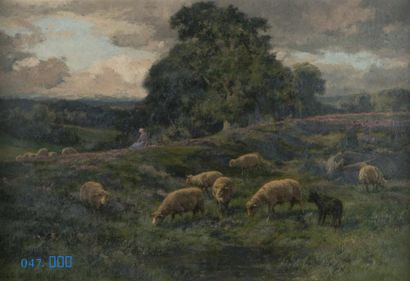 Clément QUINTON (1851-1920) 
Bergère et son troupeau
Huile sur toile, signée en bas...