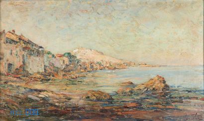 Olga SLOMSZYNSKA dite SLOM (1881-1941) 
Bord de mer méditerranéen
Huile sur toile,...