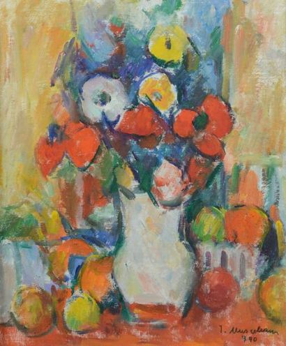 Ion MISCELEANU (1903-1997) 
Bouquet de fleurs aux fruits, 1990
Huile sur carton,...
