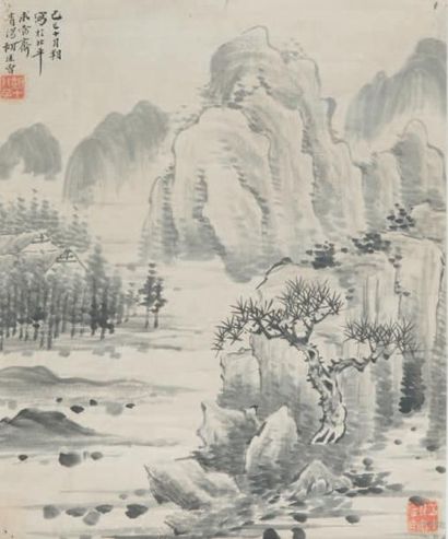 CHINE Ensemble comprenant trois encres encadrées:
Deux sur papier d'après Jiang Tingxi,...