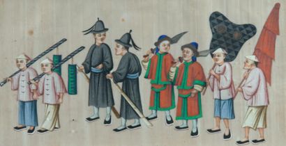 CHINE Ensemble de 10 peintures sur papier de riz (Tong cao), représentant les scènes...