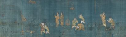 CHINE Encre sur soie bleue, neuf enfants jouant parmi des objets et chauves-souris....