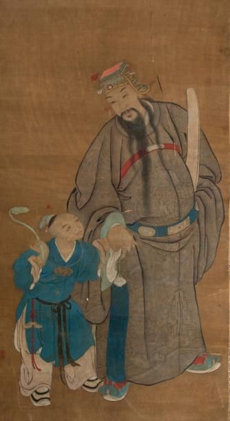 CHINE Peinture encre et couleurs sur soie représentant un dignitaire et un enfant,...