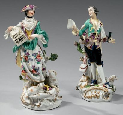 MEISSEN Deux statuettes en porcelaine, à décor polychrome et or au naturel, représentant...