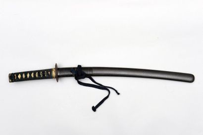 WAKIZASHI Lame de 43,5 cm, ubu, 2 mekugi-ana, mumei. Trempe gunome. Montures: Fuchi-kashira...