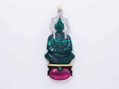 null Étonnant pendentif 2 tons d'or 750 millièmes décoré d'un bouddha en malachite...