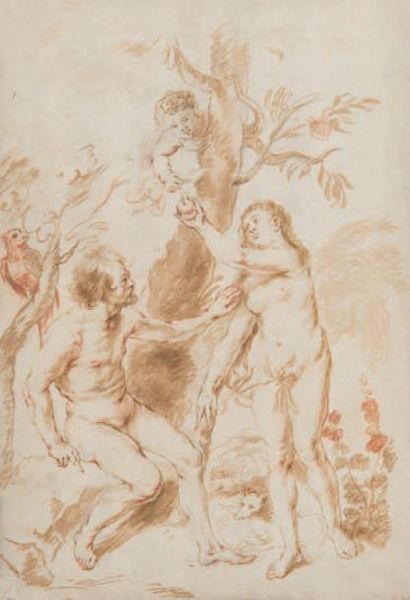 Ecole FLAMANDE du XVIIème siècle Adam et Eve
Plume et encre brune, lavis noir, sanguine
Au...