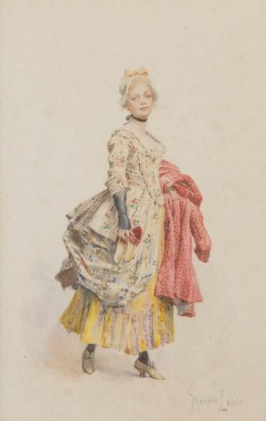 MAURICE LELOIR (PARIS 1853 - 1940) Une grisette
Aquarelle sur traits de crayon noir
Signée...