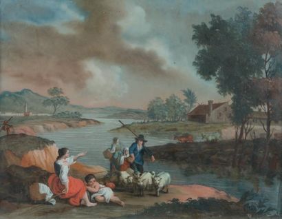 Ecole Française du XVIIIème siècle Bergers et troupeau près d'une rivière - Paysans...