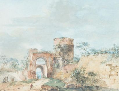 Attribué à Louis Gabriel MOREAU (1740 - 1806) Promeneurs près d'une vieille tour
Plume...