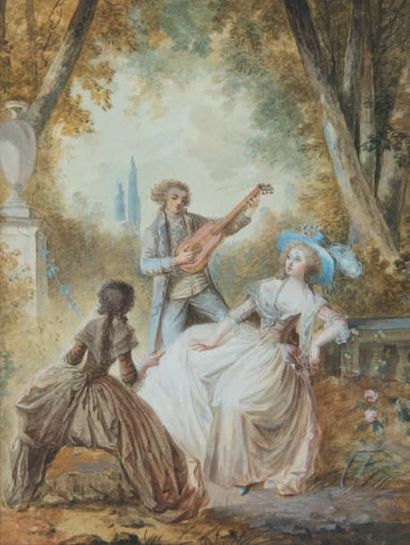 Attribué à Jean-Baptiste MALLET (1759 - 1835) Le concert dans un parc
Aquarelle et...