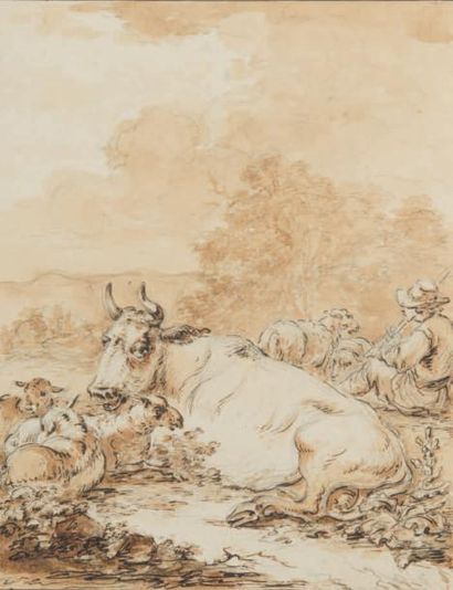 Attribué à Jean Baptiste TIERCE Berger et troupeau se reposant
Plume et encre brune,...