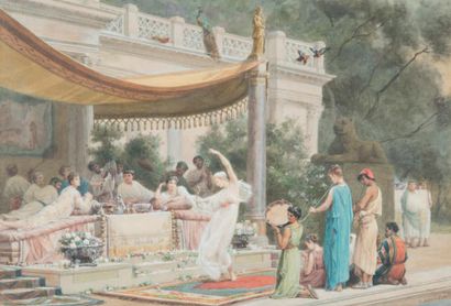 Gustave BOULANGER (Paris 1824 - 1888) Danseuse devant une élégante assemblée de l'Antiquité
Gouache...