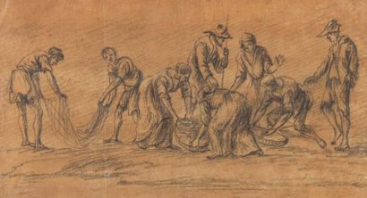 ECOLE FRANCAISE DU XIXème siècle Pêcheurs tirant leurs filets
Crayon noir sur papier...