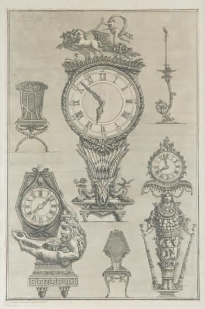 Giovanni - Battista PIRANESI (1720 - 1778) Trois Pendules et trois modèles de chandeliers...