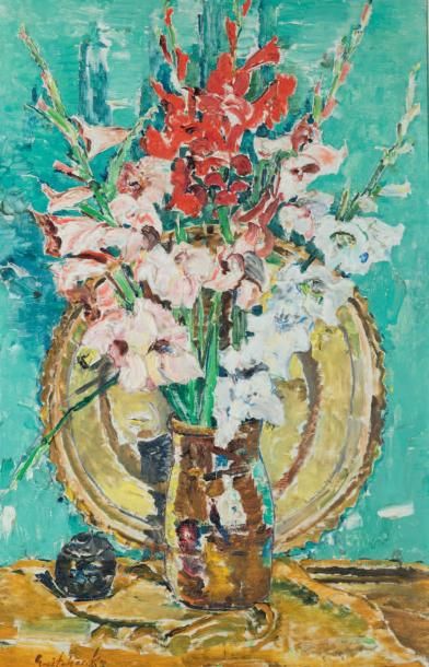Alexis GRITCHENKO (1883 - 1977) Bouquet de glaïeuls au plat en cuivre
Huile sur panneau,...