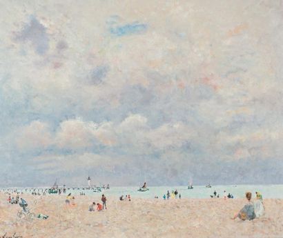 André HAMBOURG (1909 - 1999) La plage au printemps, Trouville Huile sur toile, signée...