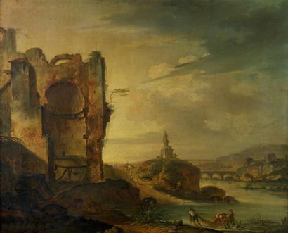Ecole Française vers 1770 Pêcheurs dans un paysage de ruines italiennes
Toile. Porte...