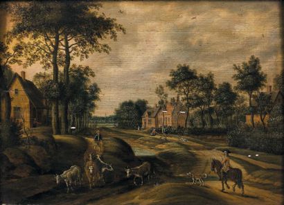 Isaak van OOSTEN (Anvers 1613 - 1661) Paysans et cavalier à la sortie d'un village
Panneau...