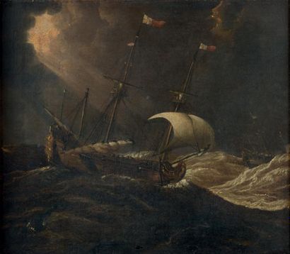 ECOLE HOLLANDAISE DU XVIIème SIECLE Navire dans la tempête
Toile 29,5 x 35,5 cm