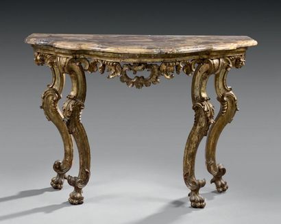 Italie, Gênes, XVIIIème siècle * Console à quatre pieds en tilleul sculpté et doré...