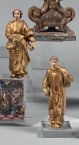 null Paire de statuettes en tilleul sculpté, doré et peint «au naturel» représentant...