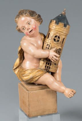 null Angelot en bois sculpté polychrome et doré. Charmant enfant joufflu assis qui...