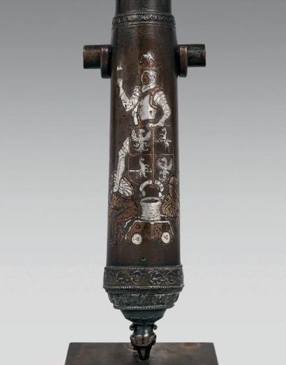 null Belle maquette de canon aux armes de la famille Cavalli, tube en bronze finement...