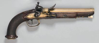 null Grand pistolet de marine à silex, canon octogonal en laiton, gravé au tonnerre,...