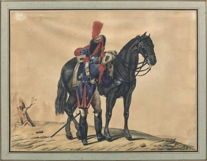 H. V. Mangoldi ou Mangoldt Grenadier à cheval de la garde royale sellant son cheval,...