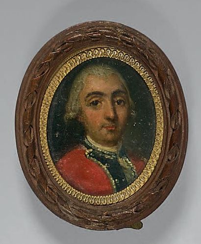 null Petite miniature ovale probablement sur vélin: Portrait d'un officier XVIIIe...
