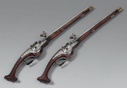 null Rare paire de pistolets français à rouet par Sauvage à Tourné, canons octogonaux...