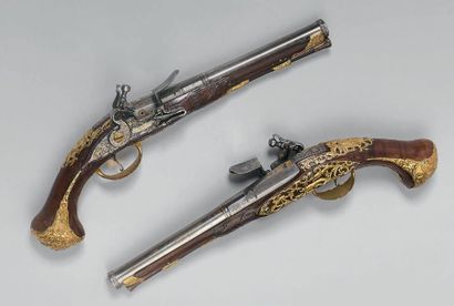 null Jolie petite paire de pistolets à silex par Félix Meier à Vienne, canons à pans...