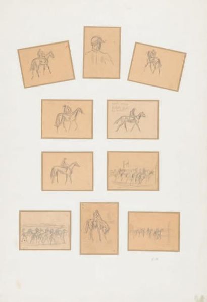 G.D. 
Chevaux et jockeys
Ensemble de 15 dessins à la mine de plomb en deux cadres
Dim....
