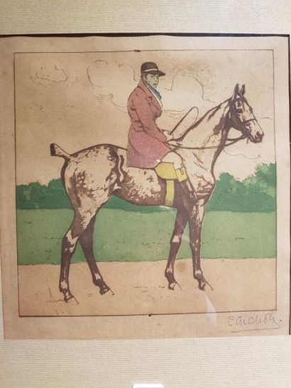 J.PINCHON Veneur à cheval
Gravure en couleur encadrée. Signature au crayon en marge
Dim....