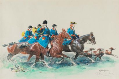 Eugène PECHAUBES d'après Scènes de chasse à courre
Paire de lithographies en couleurs...