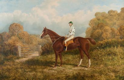 G.TURNER Jockey à la casaque blanche à poids verts et cheval
Huile sur toile signé...